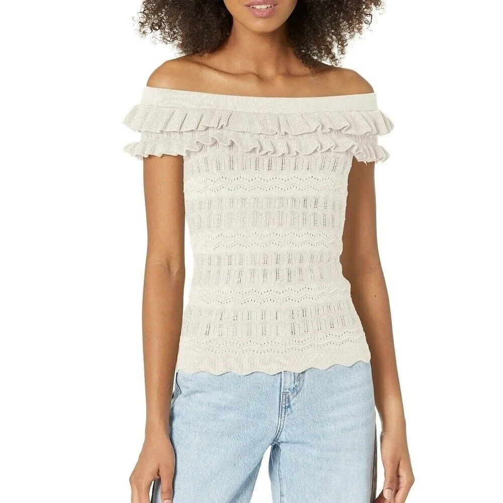 Guess Blouse Women's‎ Small Knit Nola Beige Pointelle Off the Shoulder Sweater - Picture 3 of 10